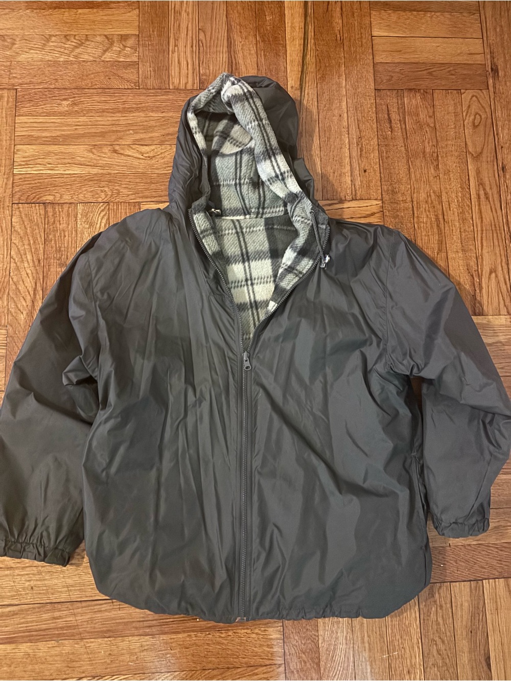 Men's Gray Hooded Insulated Jacket with Plaid Fleece Lining